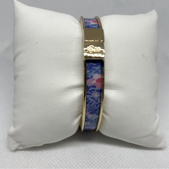 Lilly Pulitzer Gold Navy Holy Flocksmolie Hinge Bracelet and Drawstring Bag NEW - Picture 4 of 8